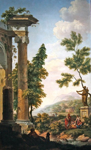 Paisaje arcadiano con ruinas clásicas y figuras junto a la orilla de un río de Jurriaan Andriessen