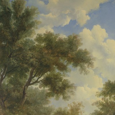 Paisaje arcádico con un templo a la izquierda y un anciano sentado en primer plano de Jurriaan Andriessen