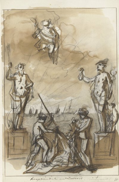 Comercio y navegación, decoración en el Nieuwmarkt, 1795 Comercio y Navegación (título sobre objeto) de Jurriaan Andriessen