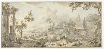 Diseño para un cuadro de habitación con paisaje costero del sur y pirámide de Jurriaan Andriessen