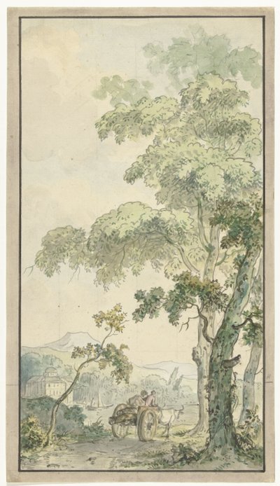 Diseño para el papel pintado de una habitación mostrando un paisaje con un carro de Jurriaan Andriessen