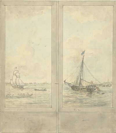 Diseño para dos papeles pintados: río con barcos en los Países Bajos de Jurriaan Andriessen
