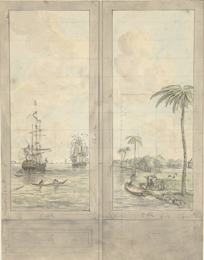 Diseño para dos papeles pintados: río con barcos en las colonias de Jurriaan Andriessen