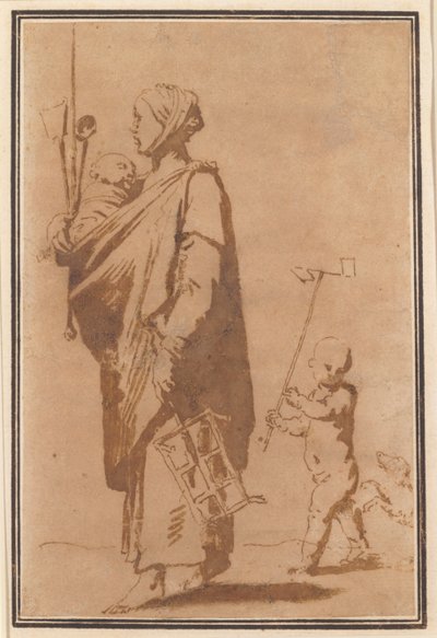 Una madre llevando a un niño y utensilios de cocina, seguida por un niño y un perro de Jusepe de Ribera