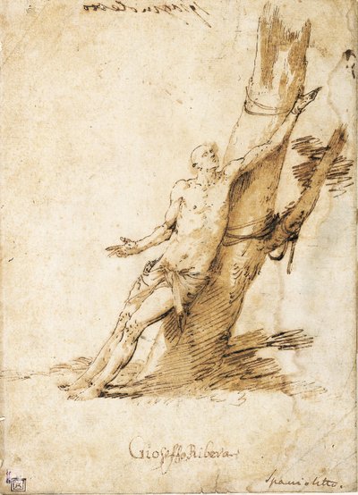 San Sebastián atado a un árbol, mirando hacia arriba a la derecha de Jusepe de Ribera