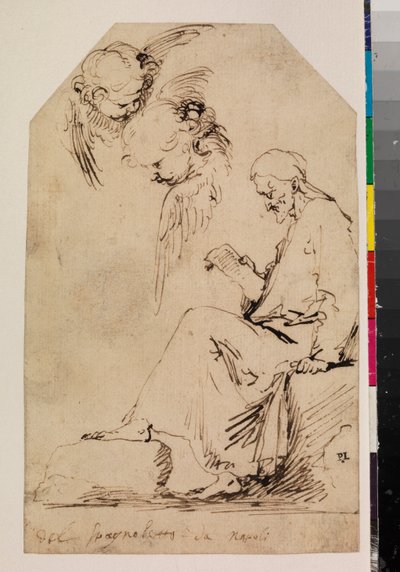 Hoja de estudios con un hombre sentado leyendo y dos querubines, 1620s de Jusepe de Ribera