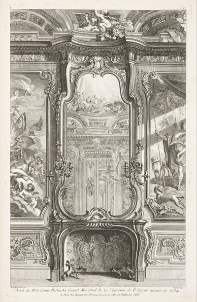 Gabinete del Sr. Conde Bielenski Gran Mariscal de la Corona de Polonia ejecutado en 1734; Chimenea con espejo, con a cada lado una parte del panel de apoyo y pinturas, 1ra plancha de Juste Aurèle Meissonnier