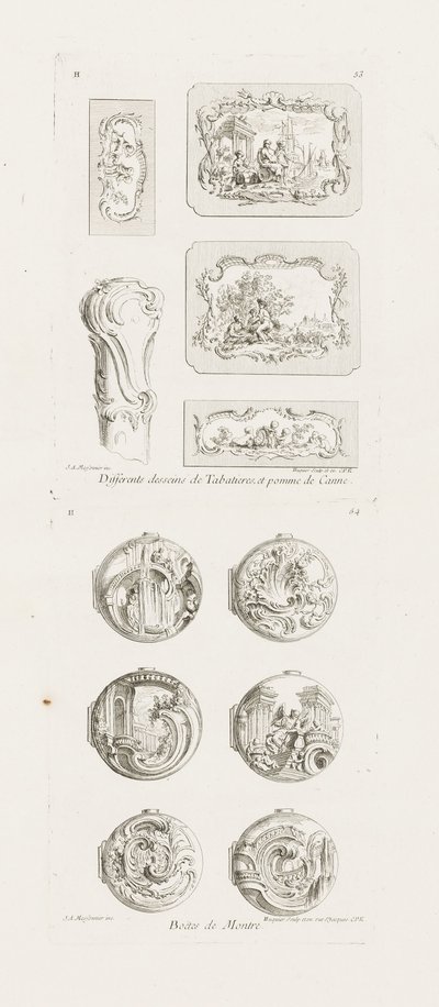 Diferentes diseños de tabaqueras y pomo de bastón, quinta plancha, pl. 53 en Oeuvre de Juste-Aurèle Meissonnier de Juste Aurèle Meissonnier