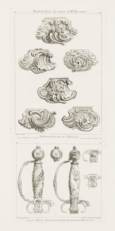 Guardas de Espadas de Oro para los Regalos del Matrimonio del Rey en 1725, Empuñadura de Espada en Honor del Matrimonio del Rey en 1725, pl. 52 en Oeuvre de Juste-Aurele Meissonnier de Juste Aurèle Meissonnier