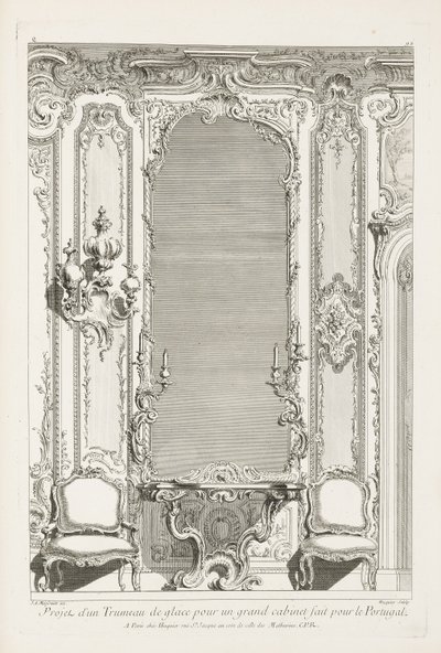 Proyecto de un trumeau de espejo para un gran gabinete hecho para Portugal; Proyecto de trumeau con variante para Portugal, 2da plancha de Juste Aurèle Meissonnier