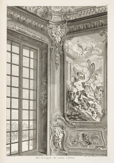 Vista del ángulo del mismo gabinete; Vista del ángulo del mismo gabinete, mostrando a la izquierda una gran ventana y a la derecha el cuadro de Zéfiro y Flora, 2da plancha de Juste Aurèle Meissonnier