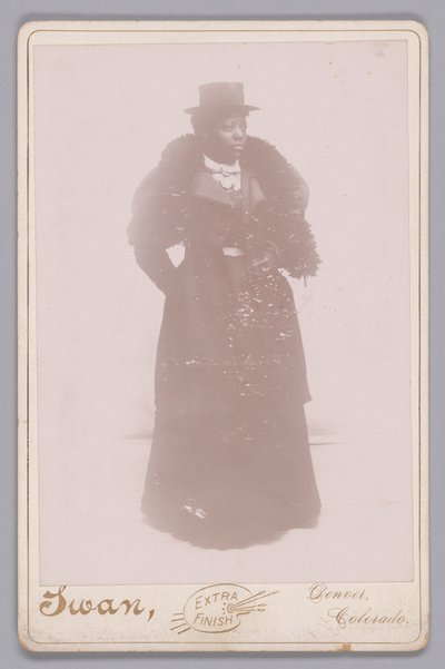 Tarjeta de gabinete de una mujer no identificada con sombrero de copa y estola de piel, ca. 1895 de Justus C. Swan