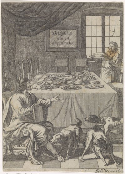 Zoilus está sentado en una mesa puesta De Gustibus non est disputandum (título sobre objeto) de Justus van den Nijpoort