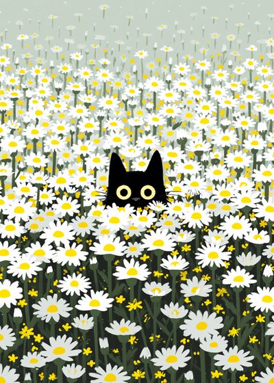 Pradera de margaritas y gatos negros de Justyna Jaszke