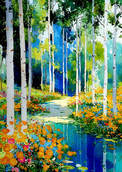 Sendero por un bosque de abedules en flor de Justyna Jaszke