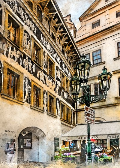 Escena callejera de Praga en esgrafiado de Justyna Jaszke