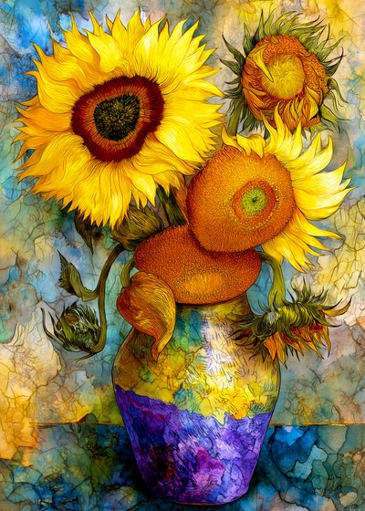 Naturaleza muerta con girasoles de colores vivos de Justyna Jaszke