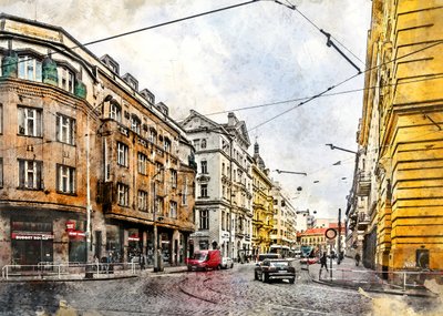 Acuarela: calle con tranvías europeos de Justyna Jaszke