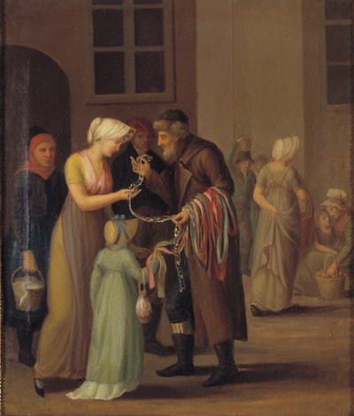Escena de Calle en Copenhague alrededor del año 1800. El vendedor de cintas de látigo vendiendo un encaje a una joven de KMS 3007 Ubekendt