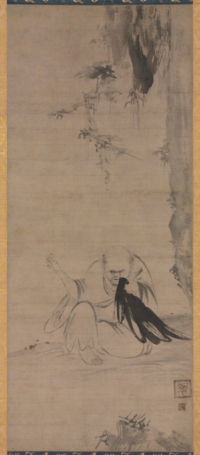 Monje remendando ropa al sol de la mañana Choyo Hotetsu, c. 1350 o antes de Kaō