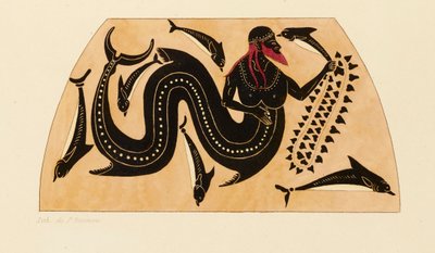 Impresión de la decoración en una ánfora griega, mostrando a Poseidón acompañado de delfines, c1858 de Kaeppelin et Compagnie