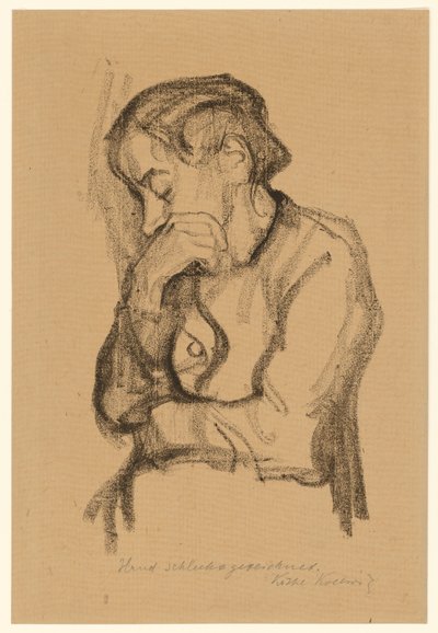 Figura de medio cuerpo de una mujer que se cubre la boca con la mano derecha de Käthe Kollwitz
