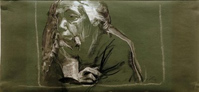 Autorretrato mirando a la izquierda con la mano en la barbilla de Käthe Kollwitz