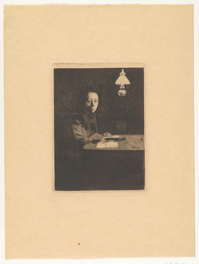 Retrato de una celda sobre la mesa. Autorretrato en la mesa (título original) de Käthe Kollwitz