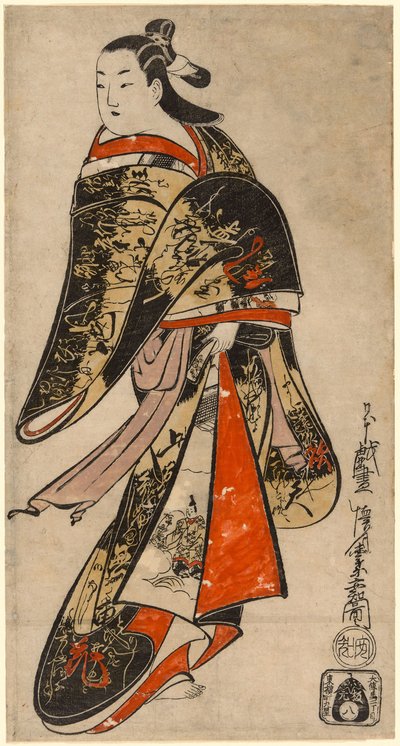 Cortesana paseando, c.1714 (xilografía coloreada a mano; tan-e, o-oban vertical) de Kaigetsudo Anchi