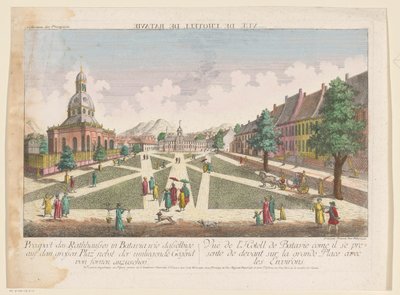 Gezicht op het stadhuis en de Nieuwe Hollandse Kerk te Batavia Perspectiva del ayuntamiento en Batavia como el mismo en la gran plaza y los alrededores de fornen (título sobre el objeto) de Kaiserlich Franziskische Akademie