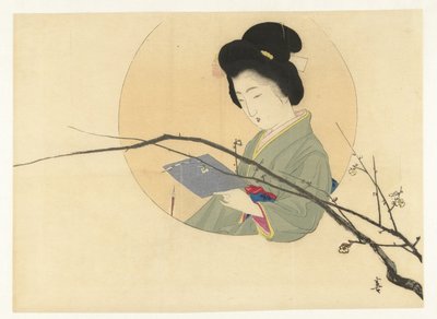 Mujer leyendo con rama floreciente de Kajita Hanko