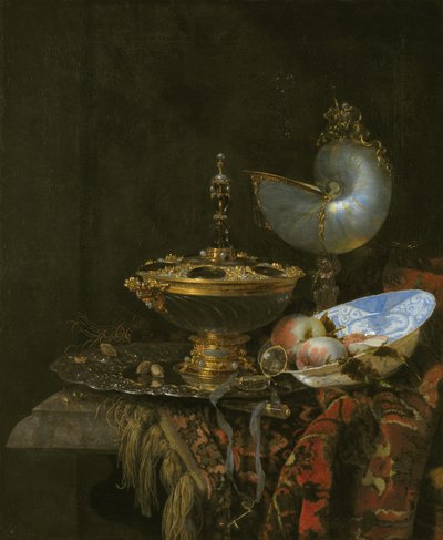 Bodegón con tazón de Holbein, copa de nautilus, copa de vidrio y plato de frutas de Kalf