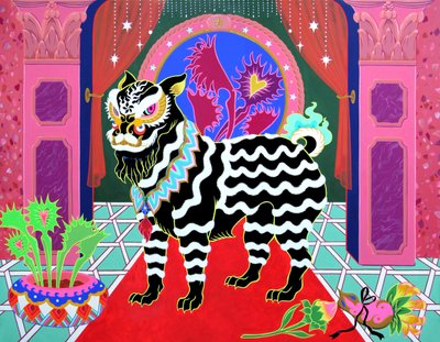 León negro Cinta negra, 2021 (acrílico sobre panel) de Kam Tsz