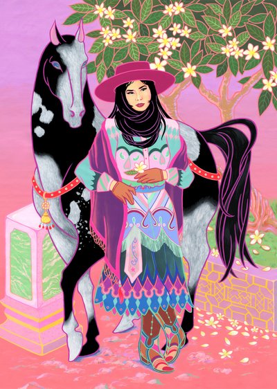 Cantones Cowgirl Waiting Under Plumeria, 2020 (acrílico sobre algodón) de Kam Tsz