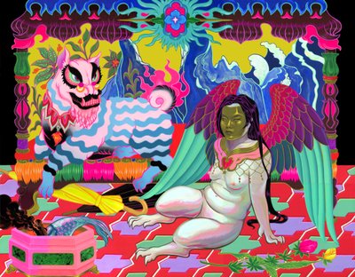 León y quimera, 2021 (acrílico sobre panel) de Kam Tsz