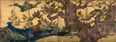biombo que representa un ciprés de Kano Eitoku