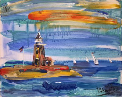 Paisaje marino con un faro de colores de Kanat Ibragimov