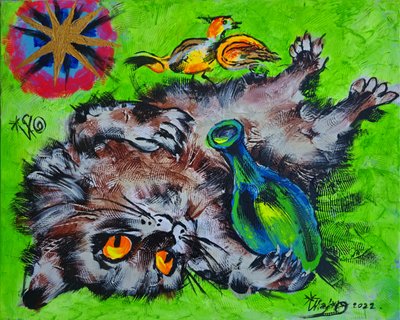 Un gato y un pájaro jugando de Kanat Ibragimov