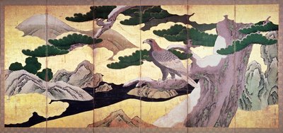 Los Halcones en los Pinos, pantalla plegable de 6 paneles (tinta y color, oro sobre panel) de Kano Eitoku