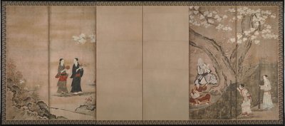 Celebración bajo flores de aronia. Derecha de un par de biombos de seis secciones, siglo XVIII de Kano Isenin Naganobu