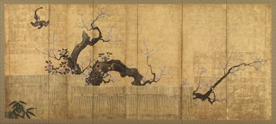 Ciruela y camelia en flor en un paisaje de jardín, período Edo, finales del siglo XVI-principios del XVII de Kano Koi