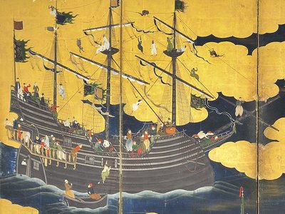 (detalle) de Los bárbaros del sur vienen a comerciar, par de biombos de seis paneles, principios del siglo XVII de Kano Naizen
