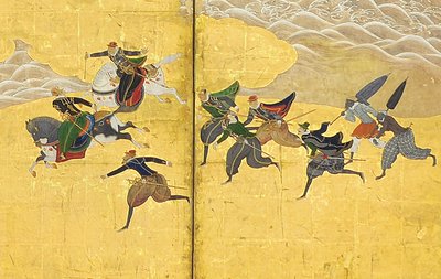(detalle) de los bárbaros del sur vienen a comerciar, par de pantallas de seis paneles, principios del siglo XVII de Kano Naizen