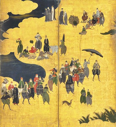 (detalle) Los bárbaros del sur vienen a comerciar, par de pantallas de seis paneles, principios del siglo XVII de Kano Naizen