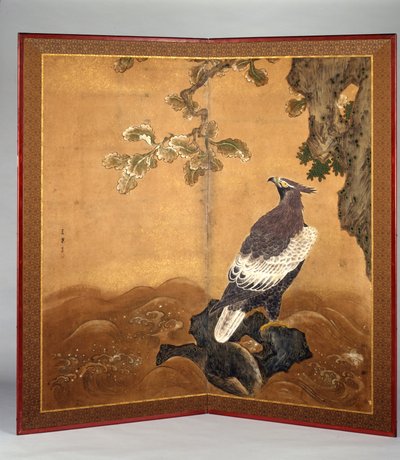Hawk-Eagle And Oak (tinta y color sobre papel) de Kano Sanraku