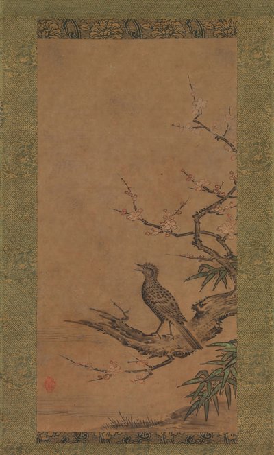 Bulbul de Orejas Marrones Hiyodori en una Rama de Ciruelo de Kano Shoei