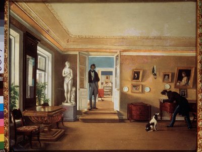 En la habitación (Un hombre juega con un perro, mientras otro los observa) - En la habitación - Pintura de Kapiton Alexeyevich Zelentsov (1790-1845), óleo sobre lienzo - Arte ruso de Kapiton Alekseevich Zelentsov