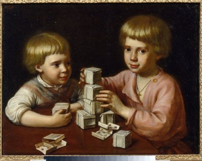Niños jugando. Dos hermanos que han hecho cubos con naipes, los apilan en una mesa. Pintura de Kapiton Stepanovich Pavlov (1792-1852), óleo sobre lienzo de Kapiton Stepanovich Pavlov