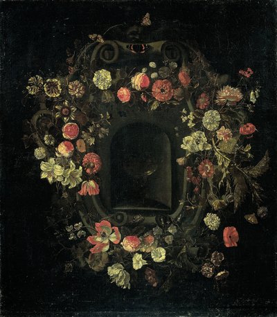 Corona de flores rodeando un nicho de Karel Batist