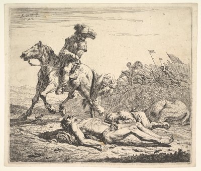 Campo de Batalla con jinete mirando sobre su hombro izquierdo hacia un cadáver despojado en el suelo, 1652 de Karel Du Jardin